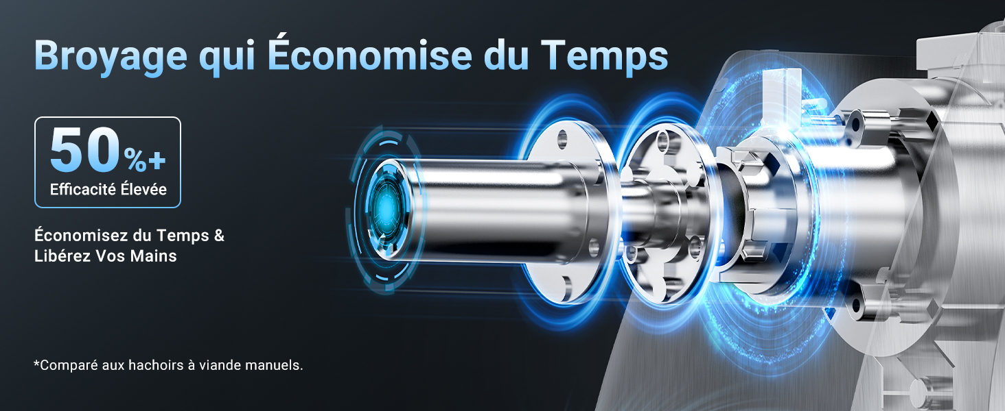 Illustration technique d'un assemblage de vérins mécaniques avec des éléments lumineux bleus, montrant les composants internes et les connexions. Le texte indique les fonctionnalités permettant de gagner du temps