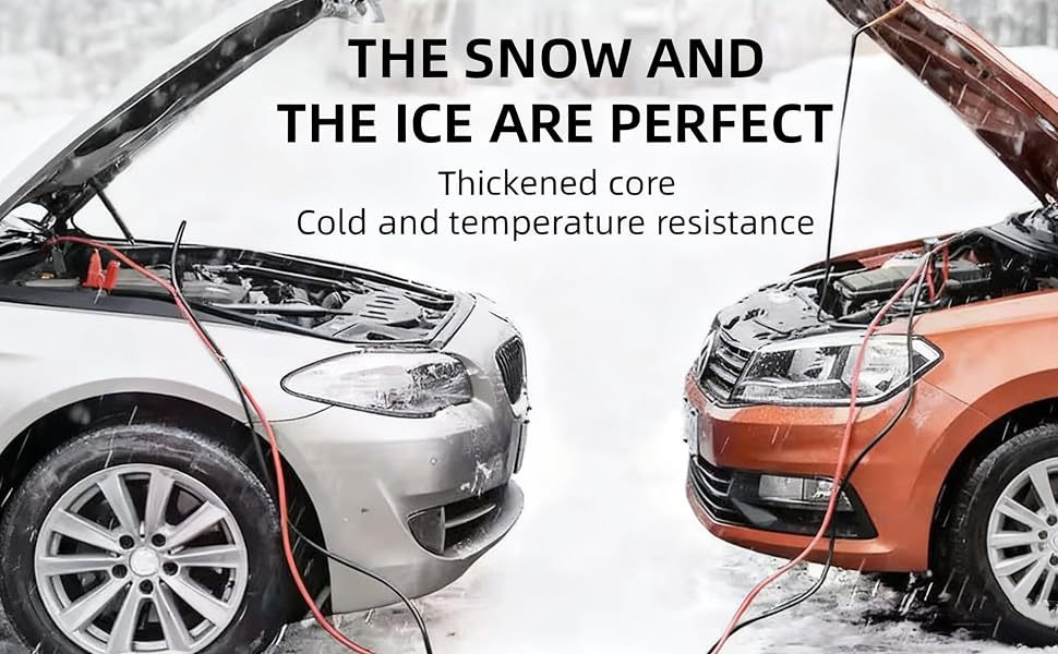 Text reads 'THE SNOW AND THE ICE ARE PERFECT' and 'Cold and temperature resistance'. Collage of winter vehicle images showing cars and tires in snowy conditions.