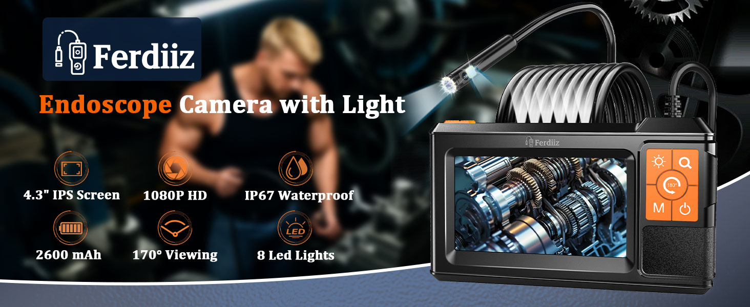 Text reads 'Ferditz Endoscope Camera with Light'. Product advertising image showing technical camera equipment with digital display interface against dark background.