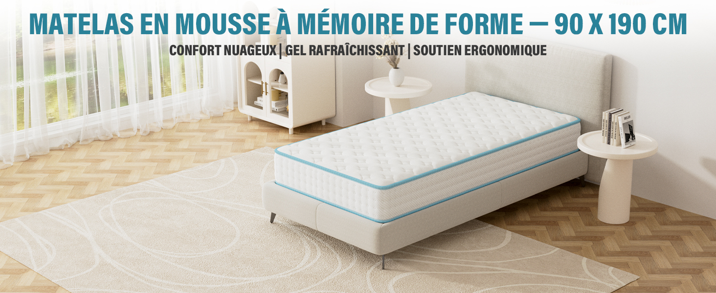 Le texte se lit comme suit : « MATELAS EN MOUSSE À MÉMOIRE DE FORME — 90 X 190 CM » avec du texte français supplémentaire en dessous. L'image montre un matelas en mousse viscoélastique sur le lit avec une literie blanche et une décoration de chambre minimaliste.