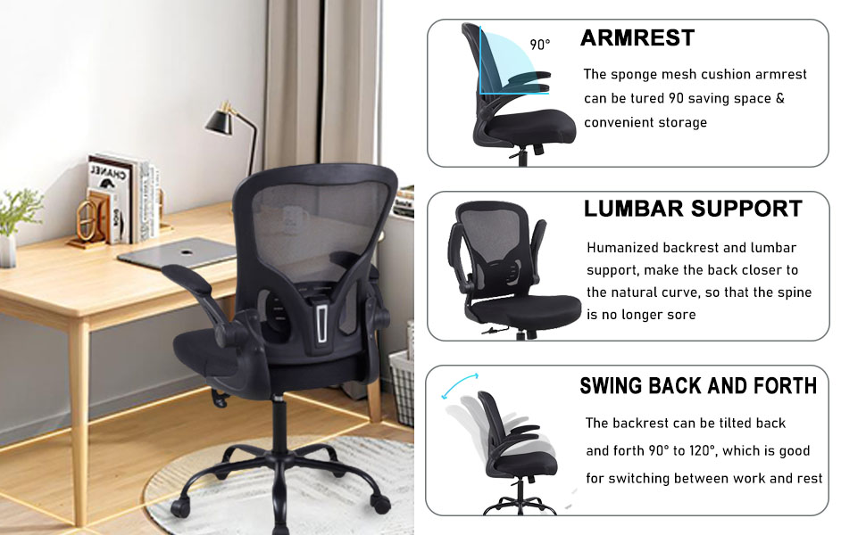 Ergonomic office chair featuring adjustable lumbar support, tilting backrest, and padded armrests. Shown in black mesh with product features highlighted in diagrams.