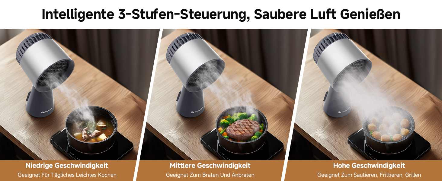 Der Luftreiniger mit 3 Geschwindigkeitsstufen wurde beim Essen vorgeführt. Links: niedrige Geschwindigkeit über Suppe, Mitte: mittlere Geschwindigkeit über Steak, rechts: hohe Geschwindigkeit, wodurch sichtbarer Nebel entsteht