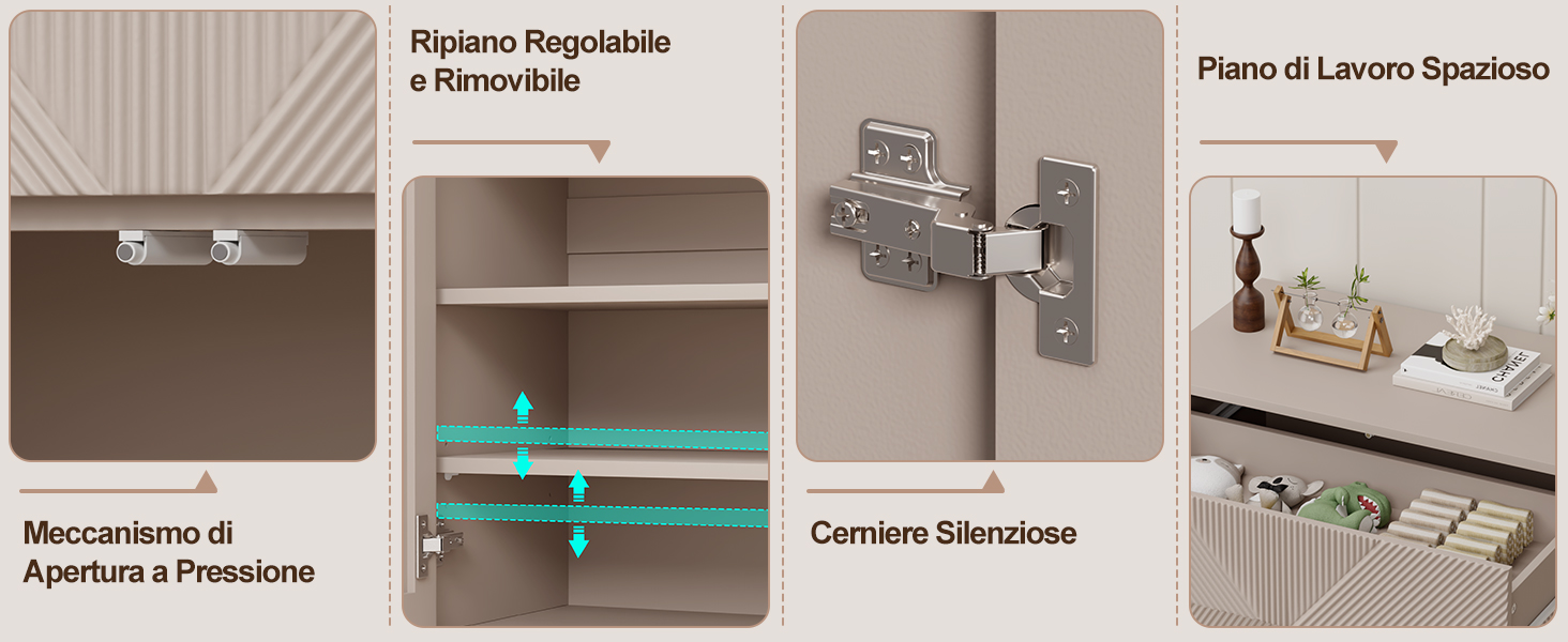 Griglia vetrina dei prodotti composta da quattro articoli: ripiano regolabile, contenitori portaoggetti con ripiani turchese/verde acqua, organizer da parete cromato e scaffale organizzato con cestelli. Il testo include le descrizioni dei prodotti in italiano.