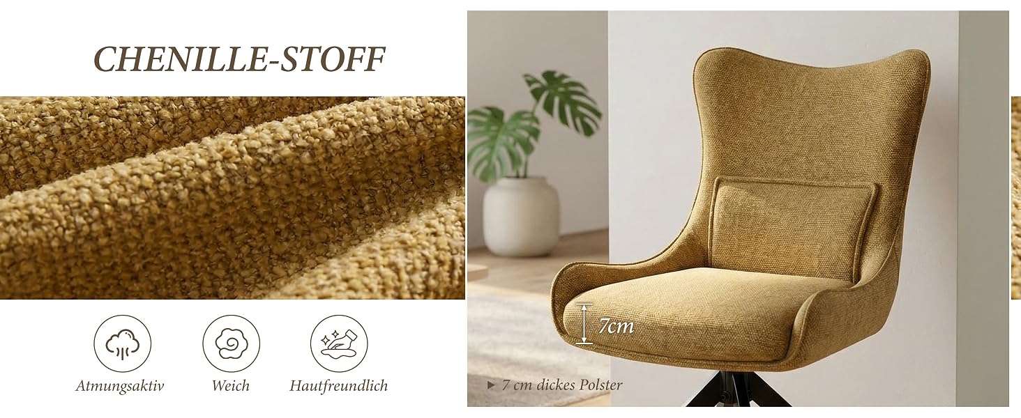 Der Text lautet „CHENILLE STOFF“. Display aus goldfarbenem Chenille-Stoff, das in verschiedenen Winkeln und Falten dargestellt ist und Textur und Glanz verdeutlicht.