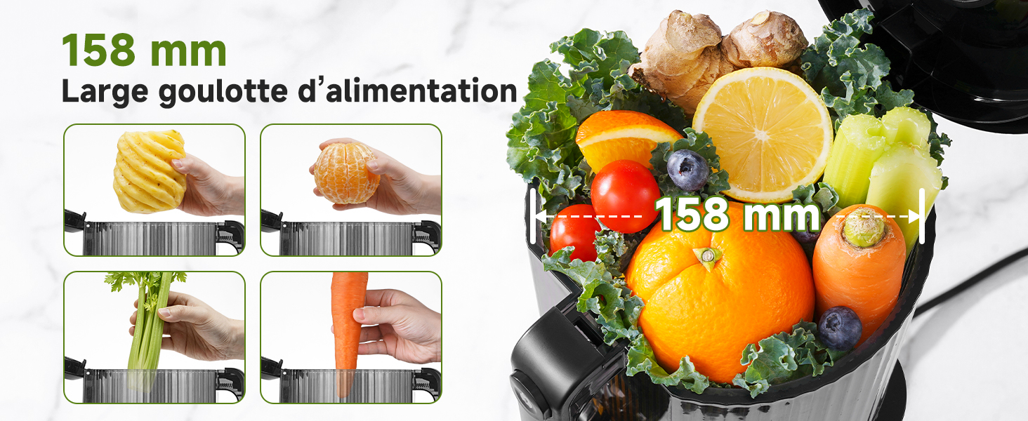 Le texte indique « 158 mm » et « Large goulette d'alimentation ». Robot culinaire en acier inoxydable avec goulotte de 158 mm, illustré avec des légumes et des agrumes.