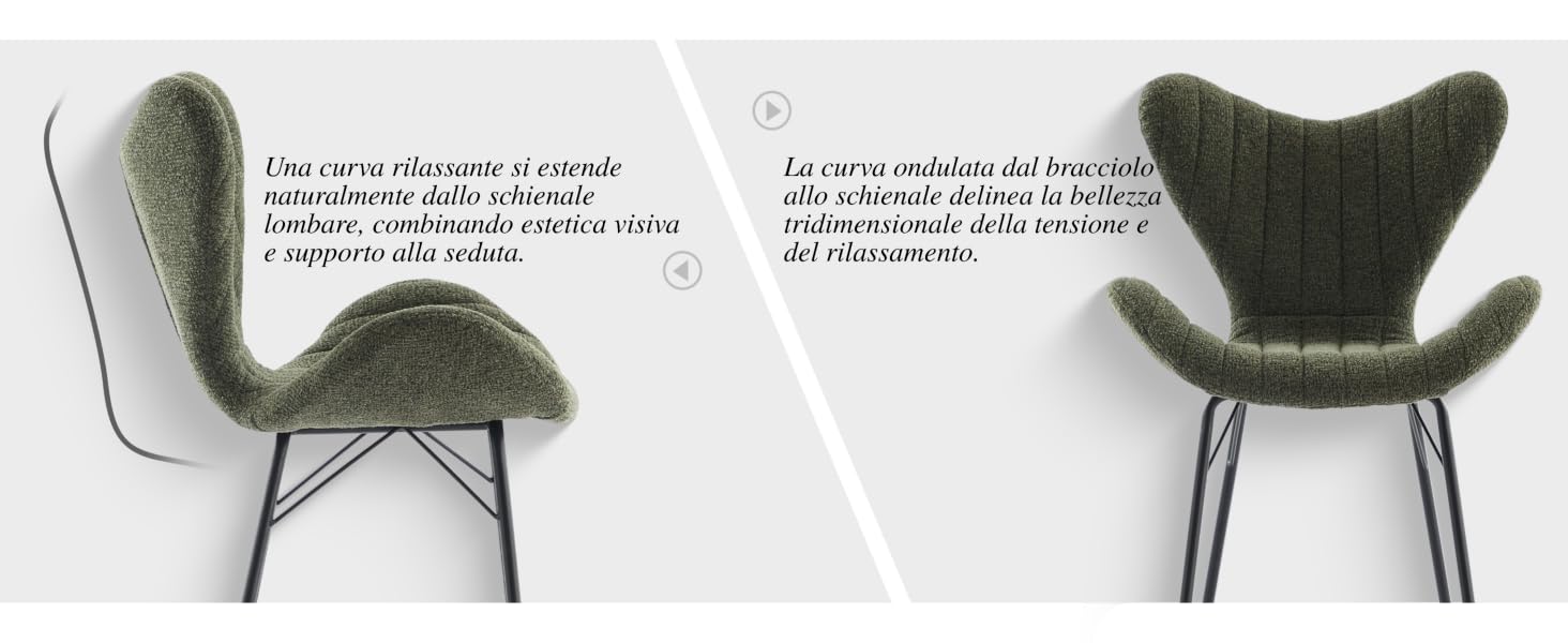 Serie di immagini che mostrano quella che sembra essere una sedia dal design moderno da più angolazioni, con schienale curvo e struttura in metallo.