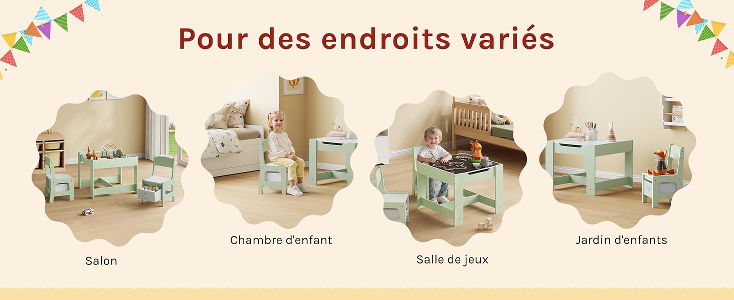 Le texte se lit comme suit : « Pour des endroits variés ». Séquence illustrée montrant différents agencements de pièces et agencements de meubles dans des tons beiges.