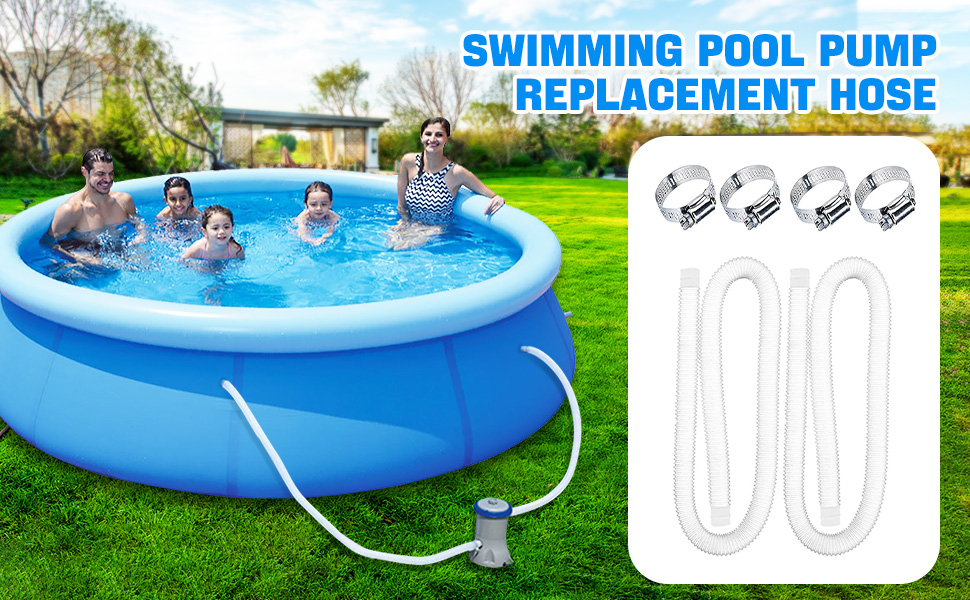 Swimming pool pump replacement hose, white flexible tube with metal connectors, displayed next to inflatable pool with people swimming.