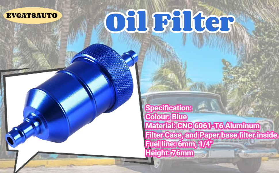 Blue aluminum automotive oil filter with 4mm fuel line compatibility, featuring textured grip surface and connector fittings.