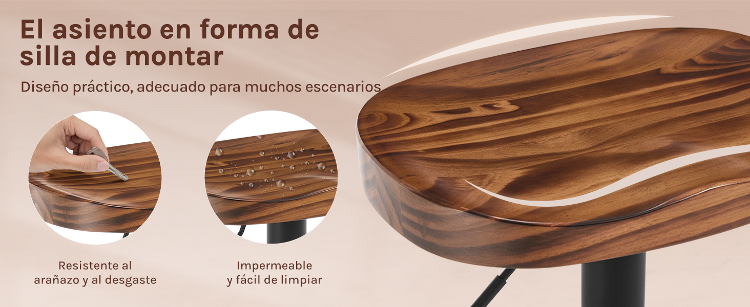 de madera con forma de silla de montar con curvas suaves. Las vistas de cerca muestran una superficie resistente al agua y un grano texturizado. El texto en español describe el diseño práctico para múltiples escenarios