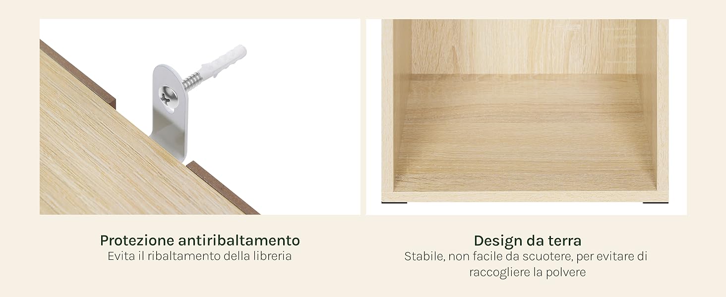 Immagine divisa che mostra la protezione antiribaltamento per mobili e interni dei cassetti in legno. Il pannello sinistro mostra una staffa in metallo bianco, il pannello destro mostra la struttura del cassetto in legno chiaro