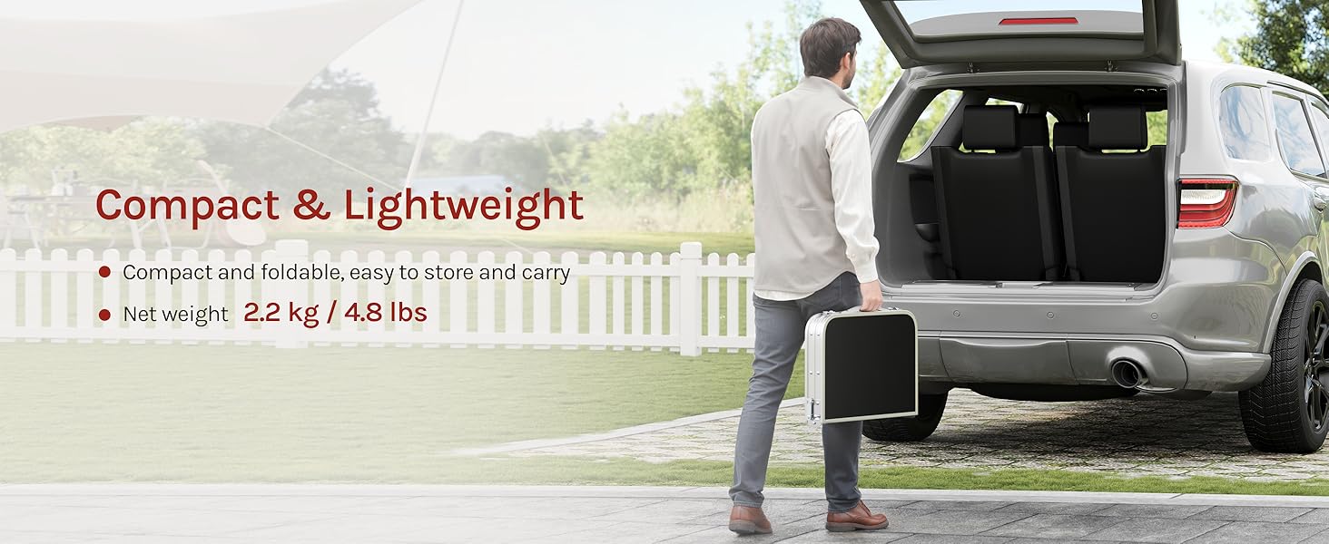 Text reads 'Compact &amp; Lightweight' with bullet points 'Compact size reduces storage' and 'Net weight: 0.2 kg / 0.8 lbs'. Woman holding compact black storage bag next to open car trunk.