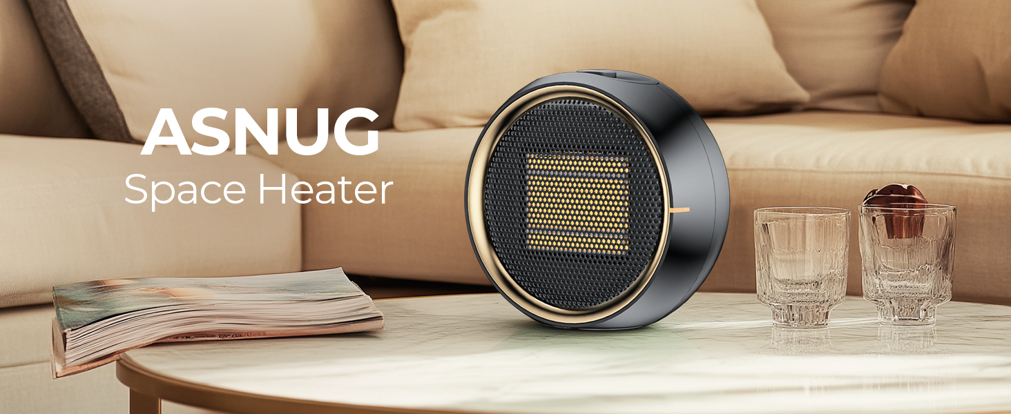 Text reads: 'ASNUG Space Heater'. Living room setting with digital display device on table near couch.