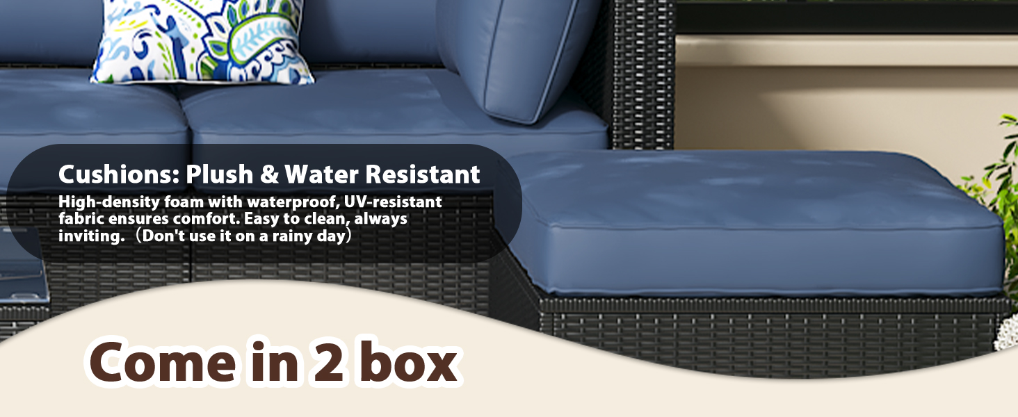 Text reads 'Come in 2 box'. Marketing image showing dark blue waterproof cushion or furniture piece with water-resistant properties highlighted.