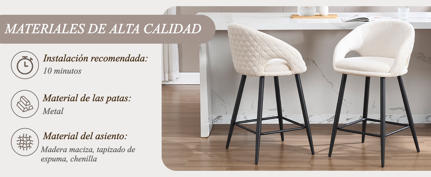 El texto dice «MATERIALES DE ALTA CALIDAD». Moderna área de comedor con sillas a la altura de una barra con marcos de metal y tonos de madera clara que contrastan con pisos de madera dura.