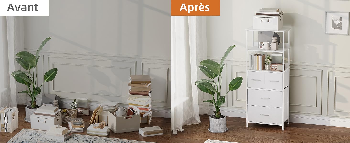 Le texte se lit comme suit : « Avant », « Après ». Photos d'intérieur avant et après la maison montrant la transformation d'un salon encombré de plantes et de meubles à une armoire de rangement blanche organisée avec des plantes en pot.