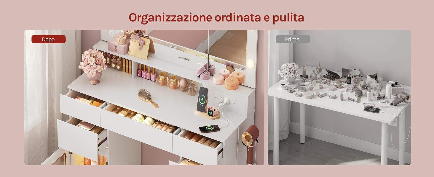 Il testo recita 'Organizzazione ordinata e pulita' (organizzazione organizzata e pulita). Vista divisa che mostra un cassetto portaoggetti aperto con scomparti organizzati a sinistra e un ripiano organizzato monocromatico a destra.