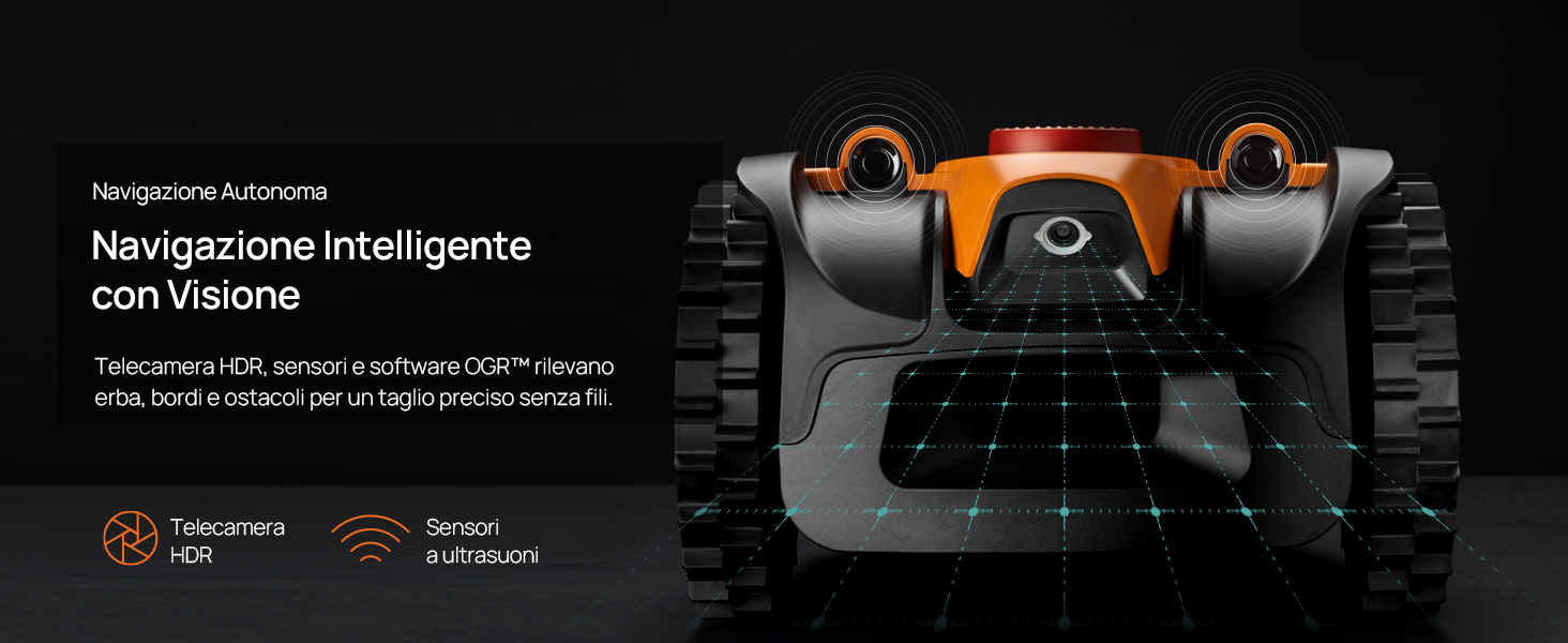 Il testo dice 'Navigazione Intelligente con Visione'. Display scuro dell'interfaccia che mostra i comandi e le icone del sistema di navigazione su sfondo nero.