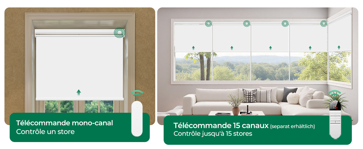 Image divisée montrant des stores motorisés intelligents. Le panneau de gauche montre des stores blancs fermés, le panneau de droite montre un salon moderne avec des stores ouverts. Indicateur de texte vert visible dans les deux panneaux.