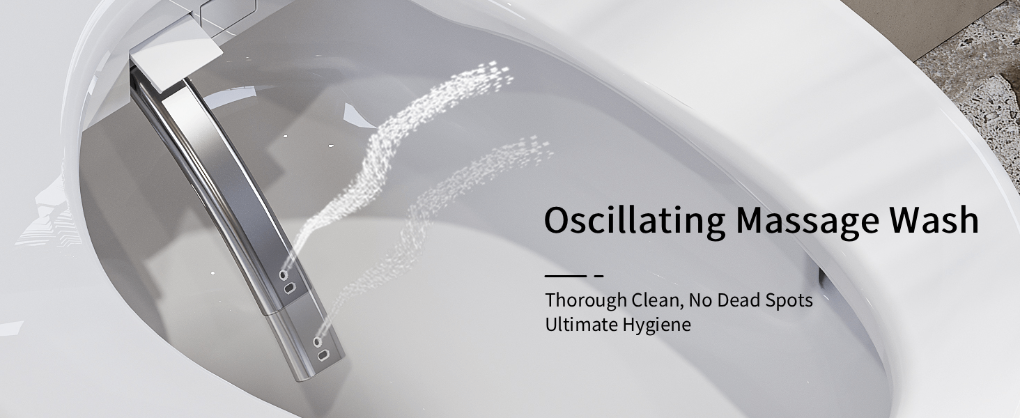 Text reads 'Oscillating Massage Wash'. Close-up views of chrome bathroom faucet with massage spray feature shown from multiple angles.