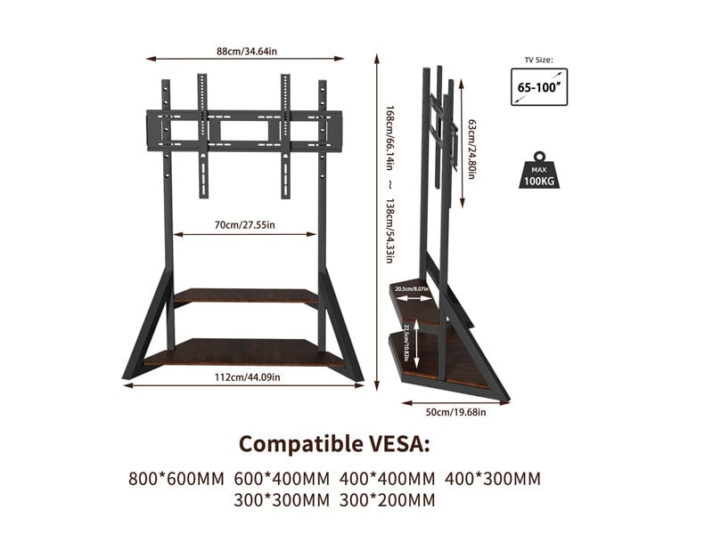 UNHO Porta TV da Terra Supporto TV da Pavimento Mobile Ripiani Legno