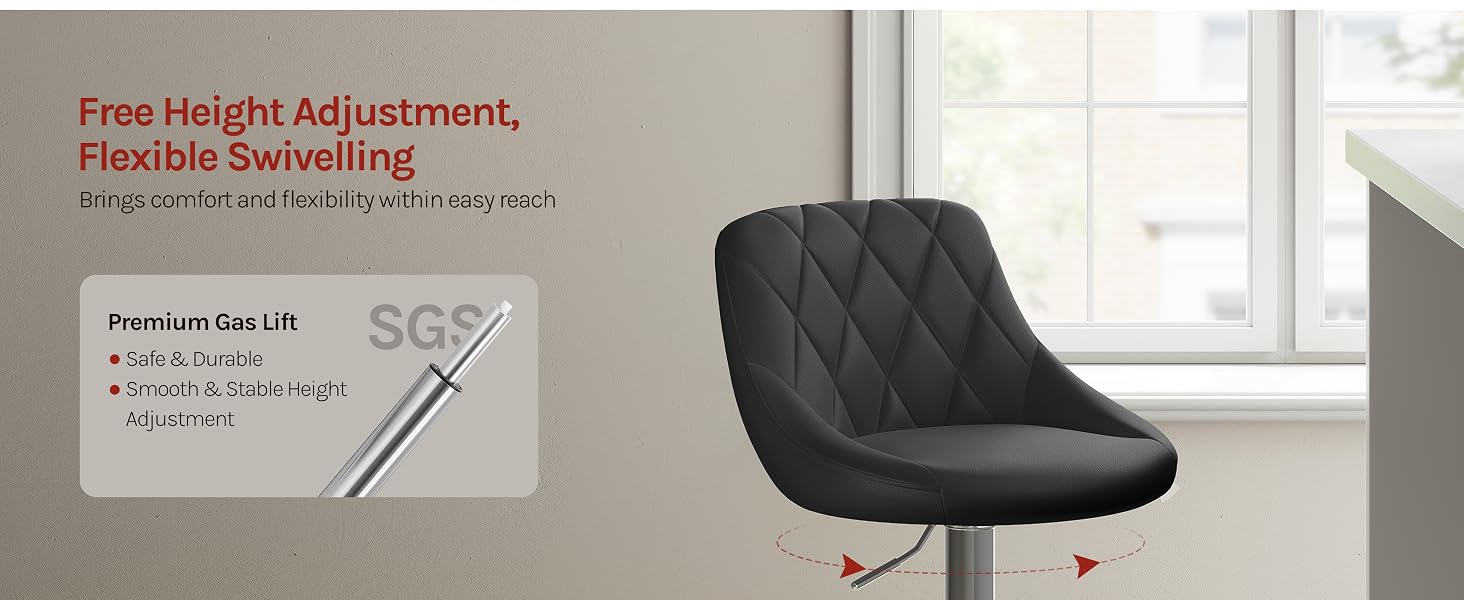 Text reads 'Free Height Adjustment, Flexible Swivelling' and 'Premium skin care' with product details. Black ergonomic office chair with curved backrest shown against modern interior setting with window.