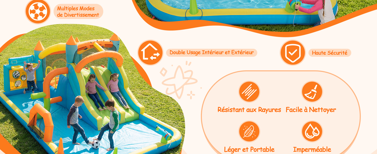 Schéma illustré de la configuration du parc aquatique gonflable avec diverses caractéristiques signalées par des icônes circulaires oranges et des lignes de connexion indiquant les composants.