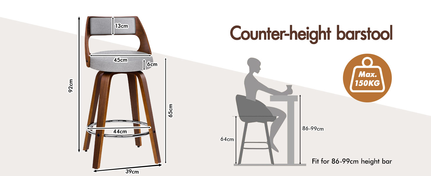 Text reads 'Counter-height barstool'. Repeated diagram from Image 1 showing barstool dimensions and measurements from multiple angles.