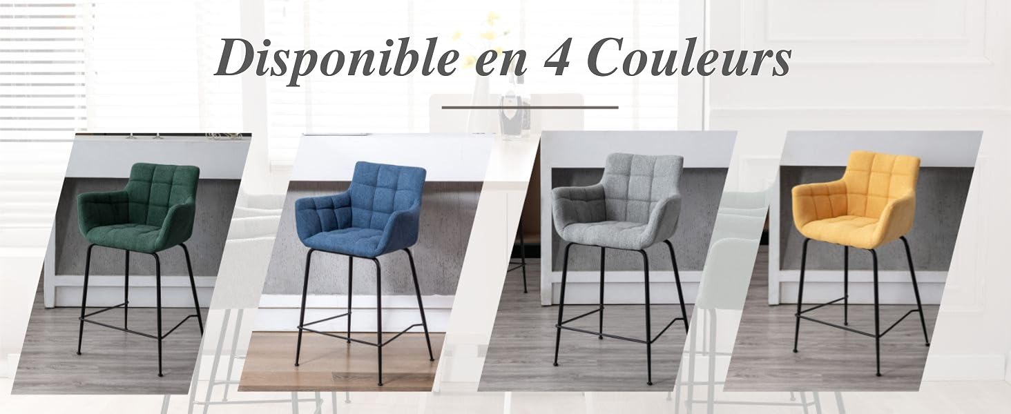 Quatre chaises de salle à manger modernes avec revêtement rembourré en vert, bleu, gris clair et jaune. Pieds en métal Le texte indique la disponibilité en 4 couleurs.