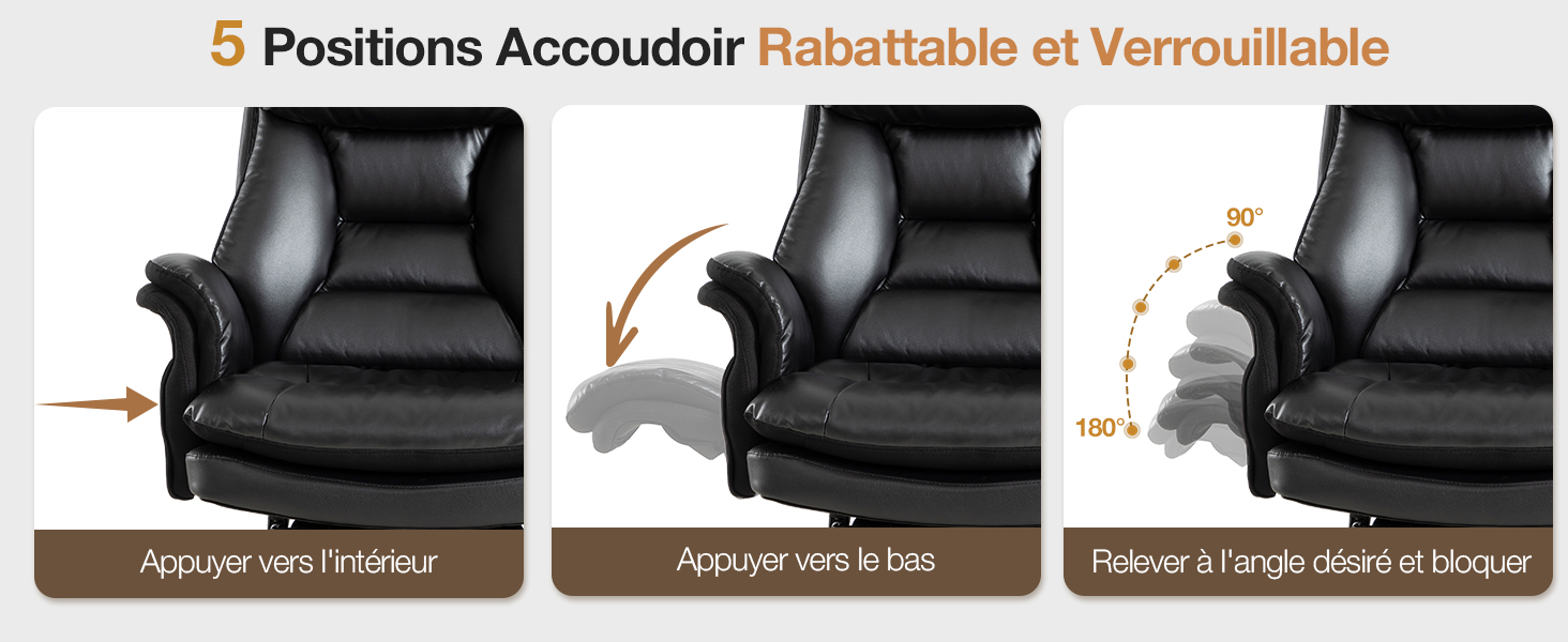 Le texte se lit comme suit : « 5 positions Accoudoir Rabattable et Verrouillable ». Fauteuil inclinable en cuir noir présenté en trois positions : accoudoir vers le haut, accoudoir vers le bas et accoudoir étendu. Les étiquettes françaises indiquent les caractéristiques des accoudoirs réglables et verrouillables.