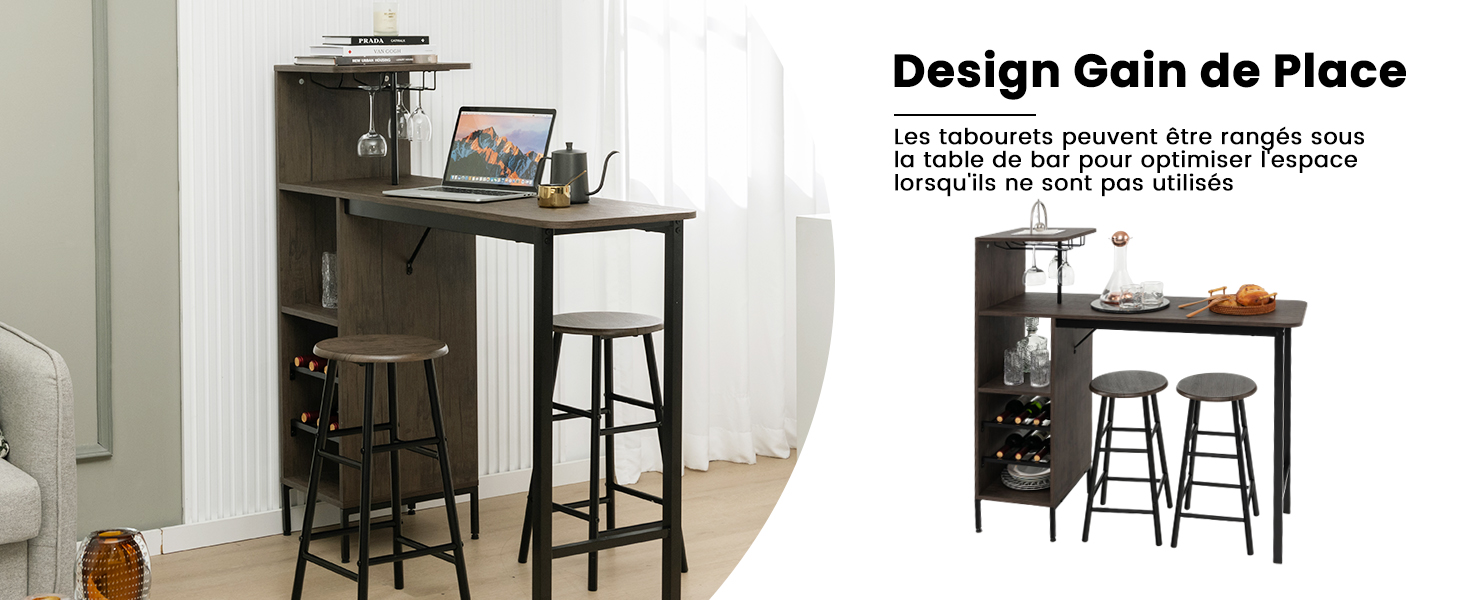 avec deux tabourets. Plateau en bois foncé, structure en métal et casier à vin intégré. Design compact pour économiser de l'espace dans les petites zones