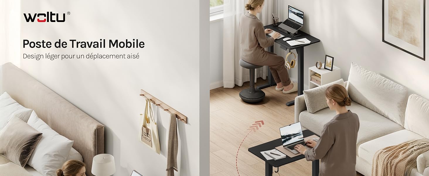 Le texte indique « WOHO » et « Porte de Travail Mobile ». Série d'images montrant un poste de travail mobile ou un bureau dans différents environnements de la pièce.