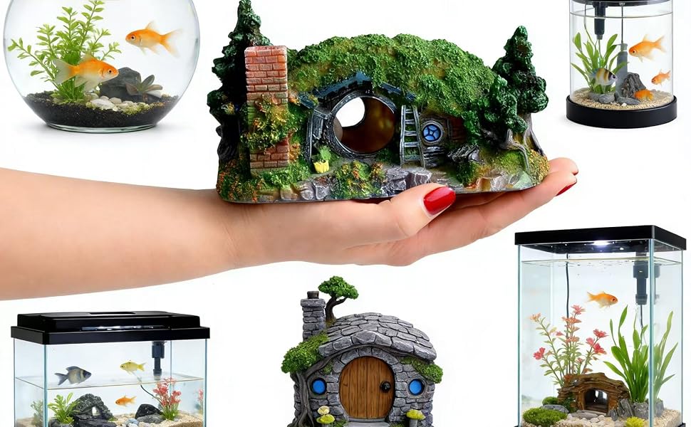Collection of small decorative fish tanks or terrariums with colorful plants, rocks, and miniature decorations arranged to create underwater-like scenes.