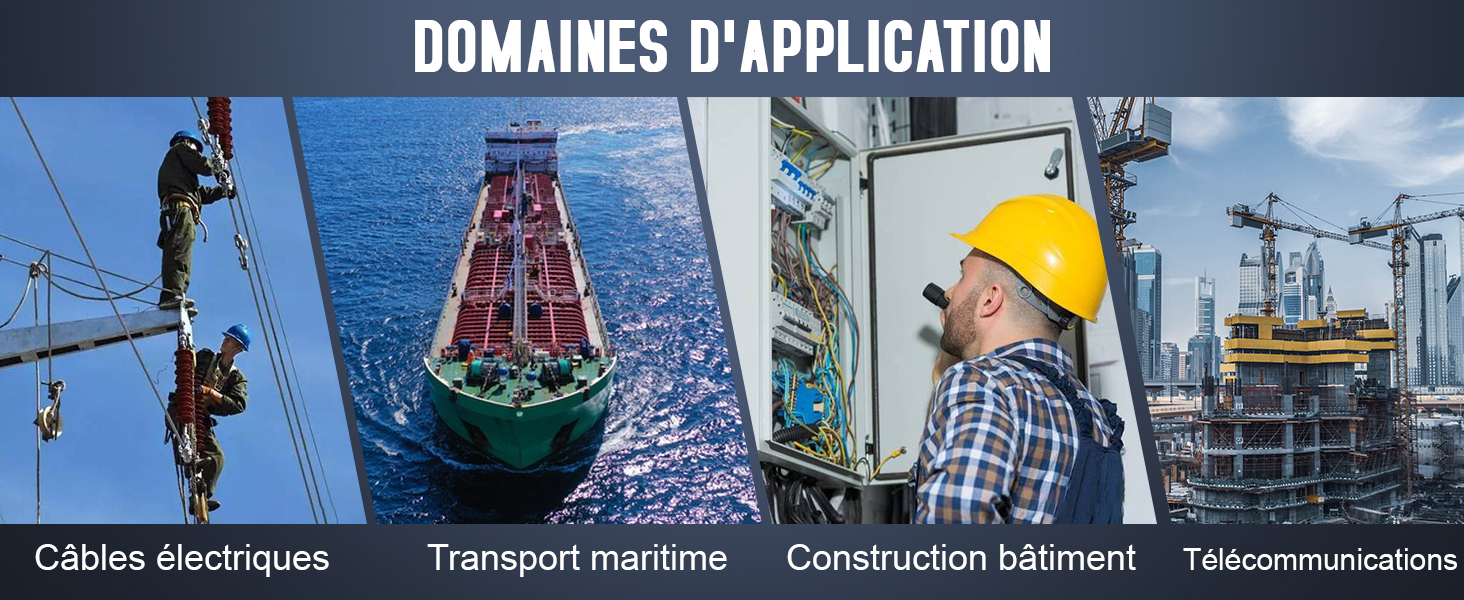 Le texte indique « DOMAINES D'APPLICATION » affichant de multiples scènes industrielles, notamment des téléphériques et des installations d'équipements mécaniques.