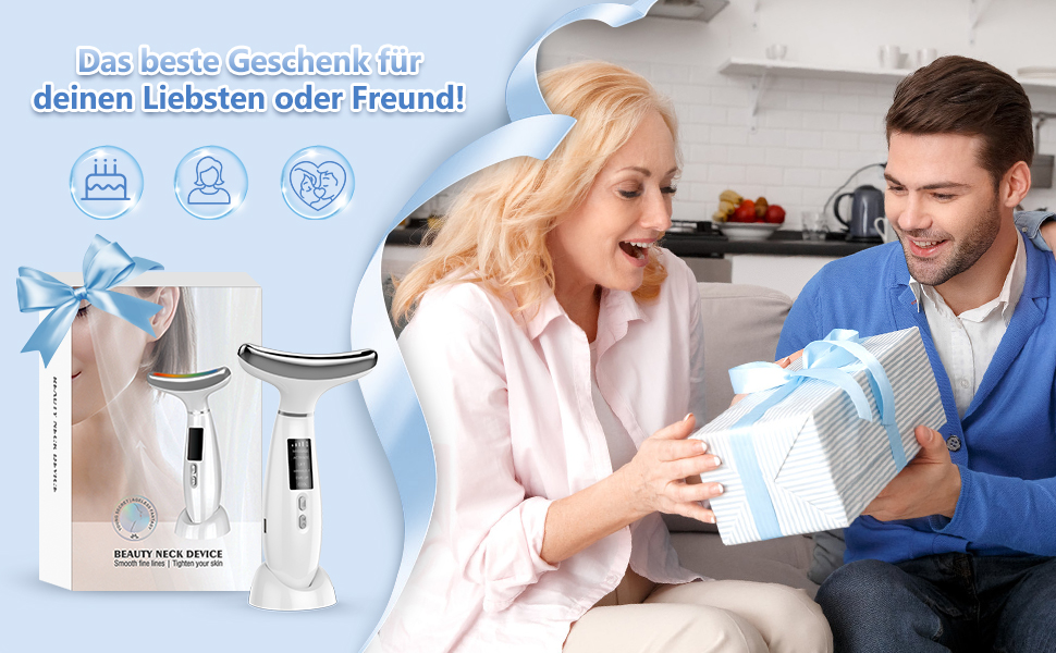 Produktwerbung mit zwei weißen elektronischen Geräten mit blauer Verpackung und deutschem Text, dargestellt mit Grafiken zum Thema Geschenk