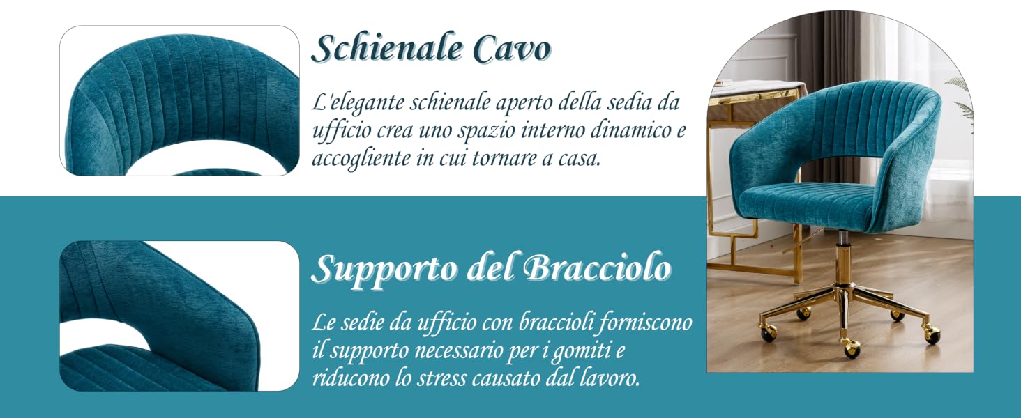 in velluto color verde acqua con schienale e braccioli curvi. Presenta una base girevole con ruote color oro. Mostra sia la vista completa che ravvicinata del design