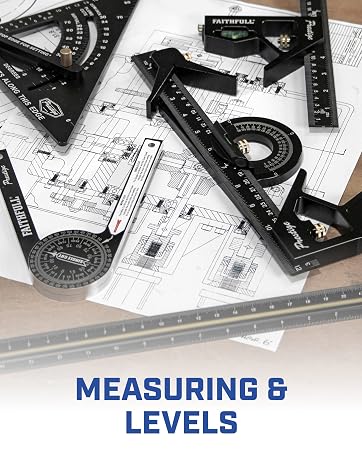 Text reads 'MEASURING &amp; LEVELS'. Multiple measuring tools and rulers scattered over architectural drawings or blueprints on a desk surface.