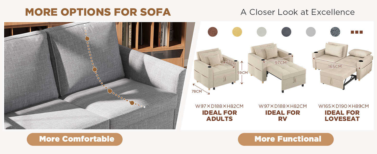 Text reads 'MORE OPTIONS FOR SOFA' and 'A Closer Look at Excellence'. Product showcase displaying three beige sofa configurations with dots indicating color options and 'More Comfortable' and 'More Functional' labels.