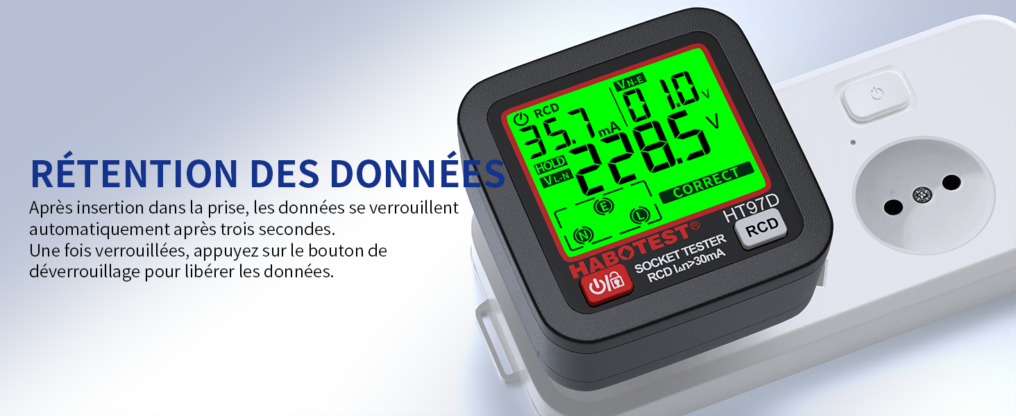 Un dispositivo digital con una pantalla LCD verde que muestra lecturas digitales parece ser un dispositivo de almacenamiento de datos o de medición con texto en francés.