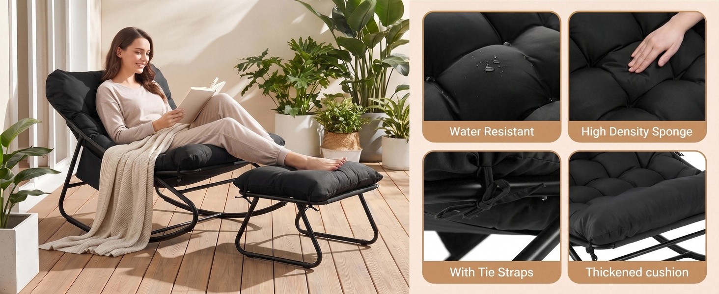 Black footrest ottoman paired with lounge chair in modern living room. Close-up detail images show black cushioned top and textured base construction.