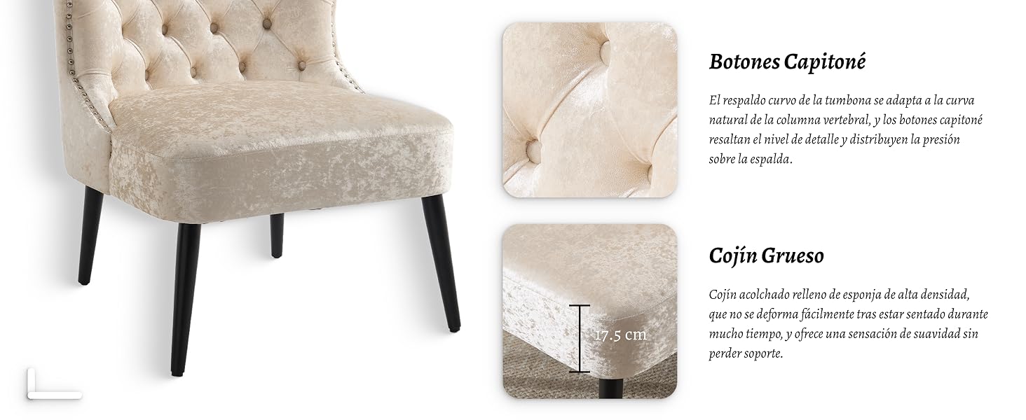 Silla decorativa capitoné de color beige con patas negras cónicas. Los detalles del producto que se muestran incluyen botones acolchados y detalles de tela en los paneles laterales.