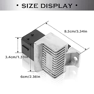 Text reads 'SIZE DISPLAY'. Product dimensions shown: 8.5cm/3.34in length, 3.4cm/1.33in height, 6cm/2.36in width. Multiple views of a white chevron-shaped bracket or mount.
