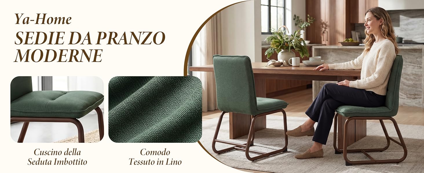 Il testo recita: «Yu Home» e «STYLE-HAYPRANZO MODERNE». Serie di immagini che mostrano sedie da pranzo moderne con rivestimento verde scuro e basi in metallo.