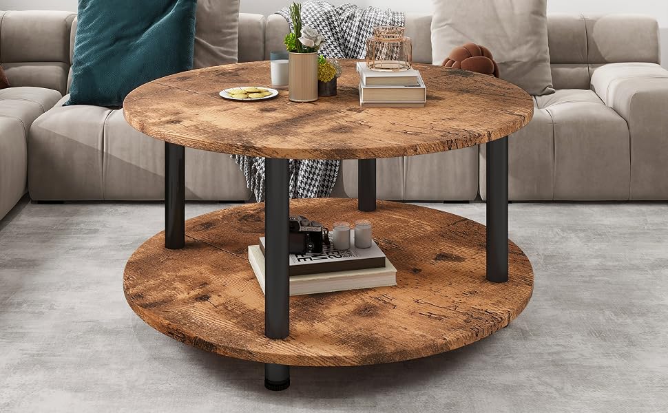 23.6" Round Coffee Table, 2-Tier Small Circle Coffee Table with Storage