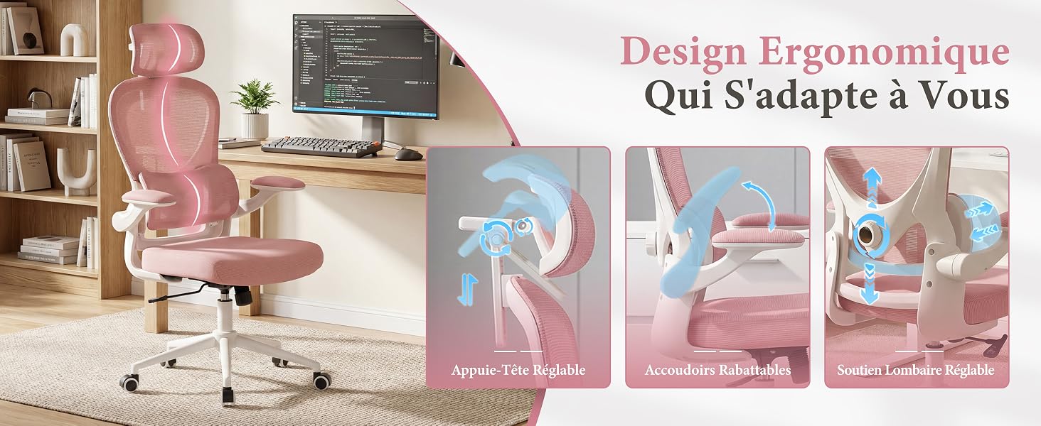 Le texte se lit comme suit : « Design Ergonomique Qui s'adapte à Vous ». Cadre de bureau à domicile intérieur avec chaise de bureau rose, étagères et objets de décoration. Vitrine de décoration d'intérieur pour mobilier ergonomique.