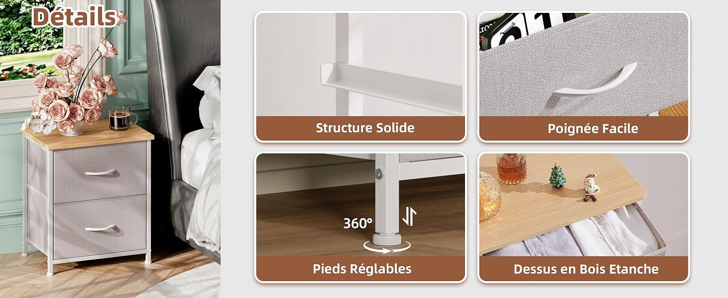 Plusieurs vues de meubles montrant une armoire ou une commode blanche contre différents réglages muraux. Étiquettes de texte brunes visibles mais partiellement recadrées.