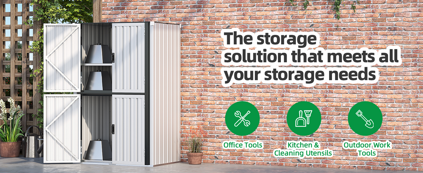 Outdoor storage units with white doors against brick wall. Text highlights 'storage solution' with icons for easy setup, expandable, and weather-resistant features.
