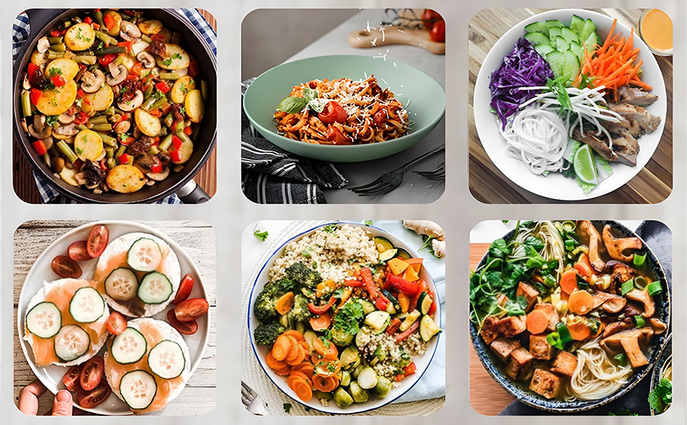 Collage aus sechs verschiedenen Gerichten: Gemüsepfannen, Pasta, eine bunte Salatschüssel, eine Vorspeisenplatte mit Dips, eine gemüsereiche Getreideschüssel und eine asiatisch inspirierte Nudelsuppe mit Gemüse und Fleisch