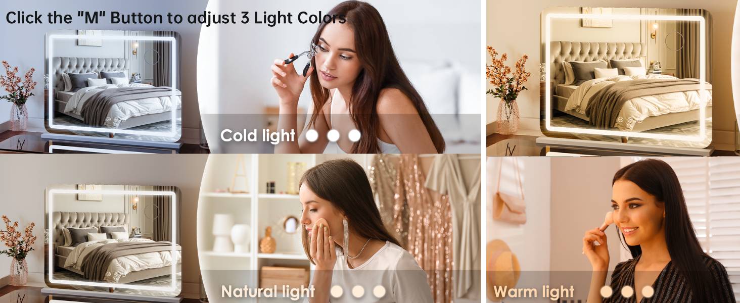 Text reads 'Click the "M" button to adjust 3 Light Colors'. Split panel showing bedroom furniture and lighting demonstration scenes.