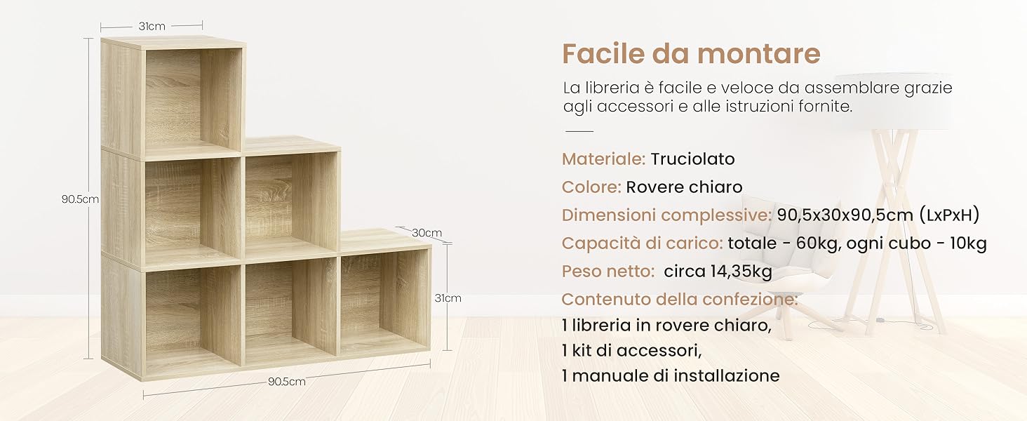 Schema di assemblaggio per cubi modulari in legno con dimensioni e specifiche in testo italiano.